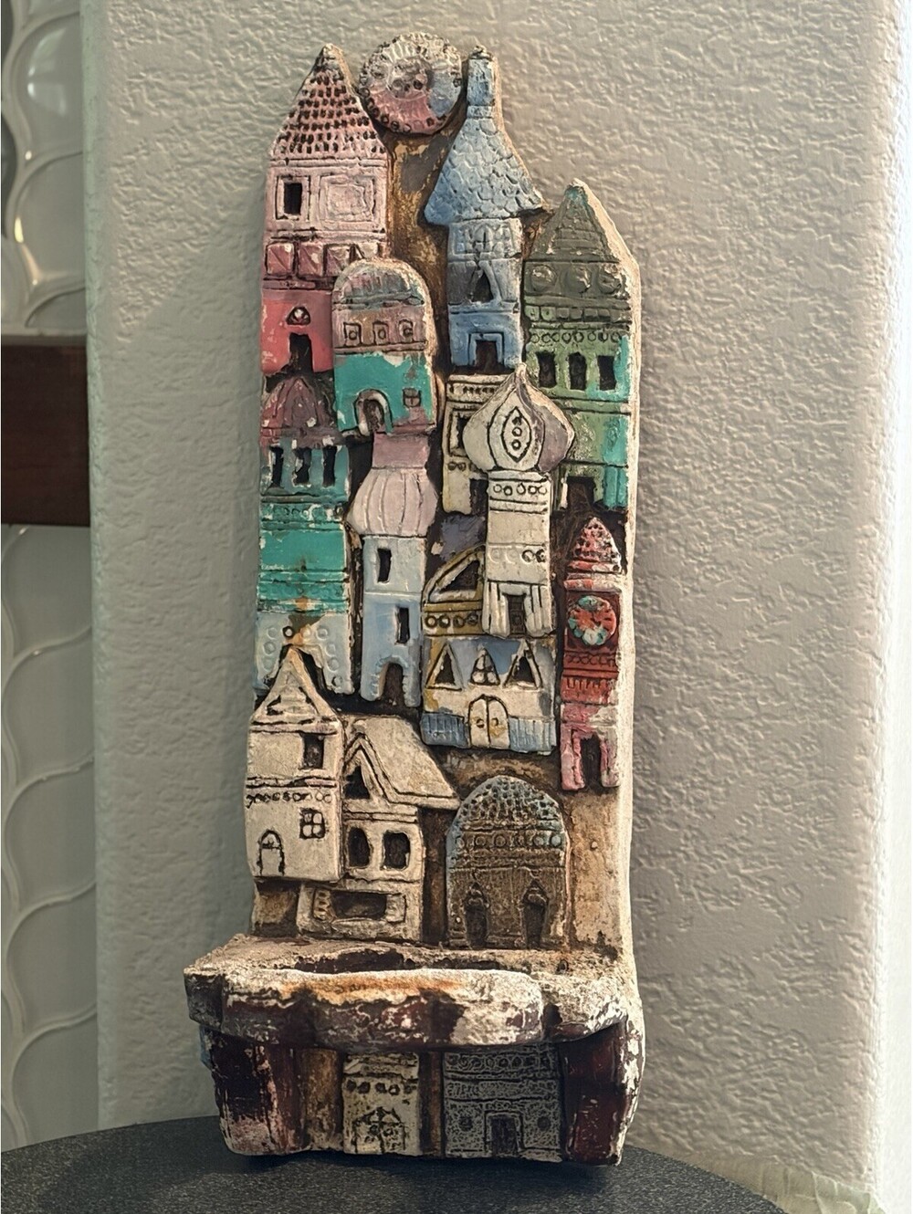 Vtg Handmade Ceramic Architectural Slab Sculpture Painted Cityscape 3D W/hanger